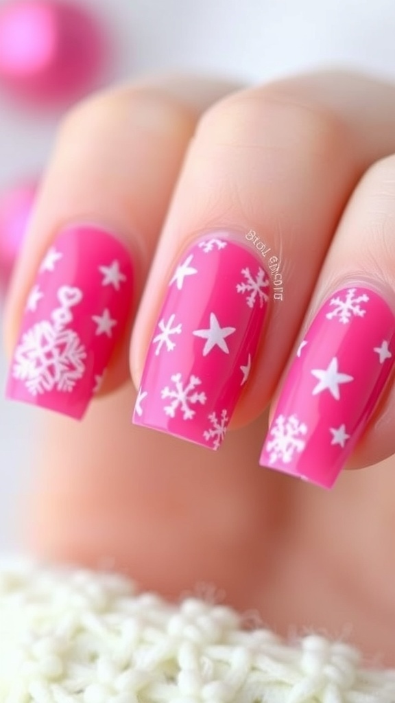 Short pink Christmas nails with white snowflake designs, showcasing a festive and cheerful look.